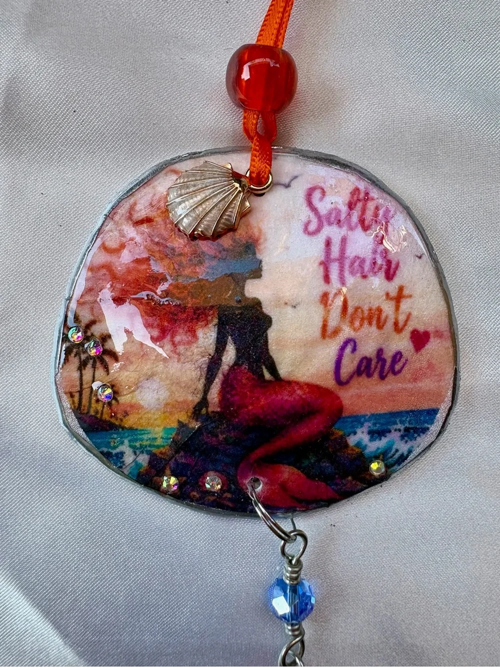 Decoupage Mermaid 'Salty Hair Don't Care' Crystal Sand Dollar Suncatcher